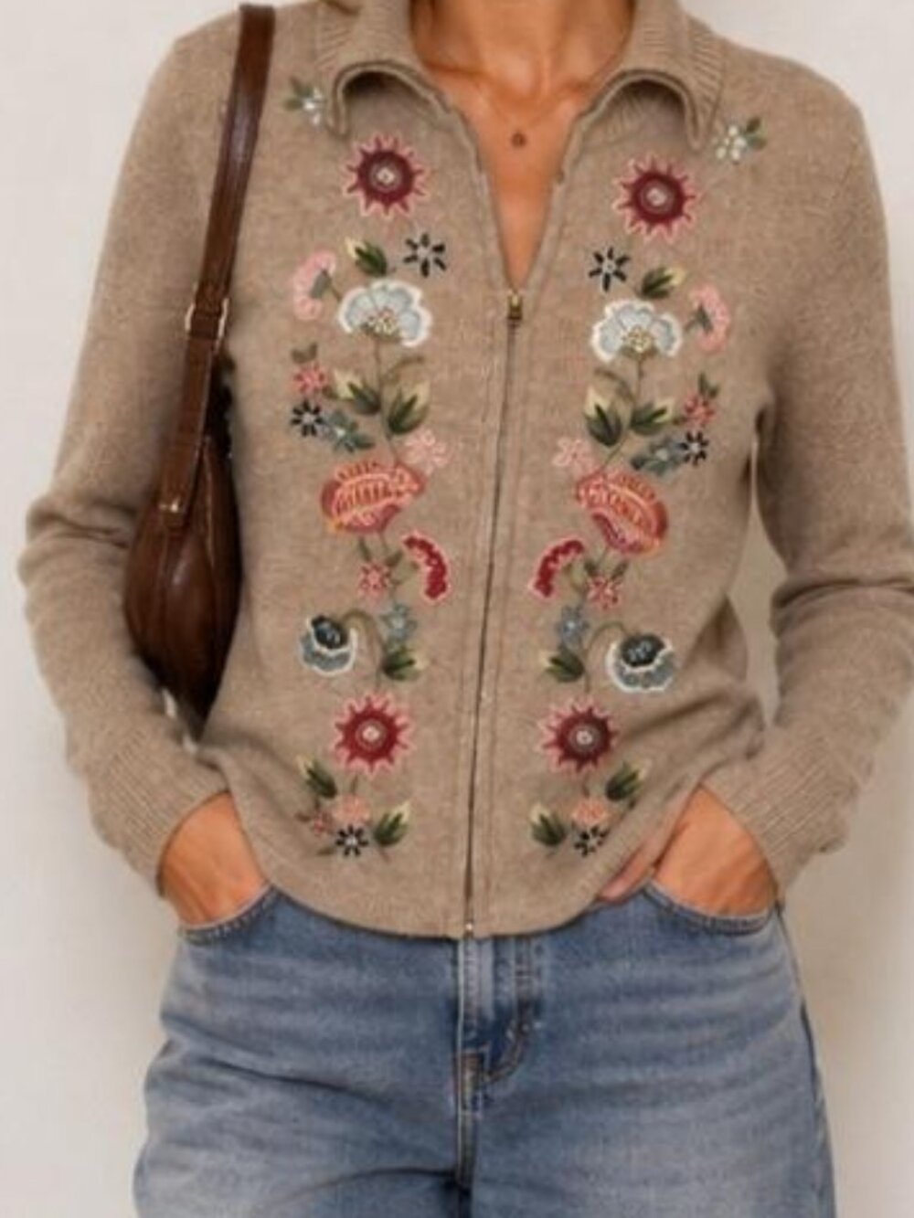 Tiara International Floral Embroidered Zip-up Cardigan Small